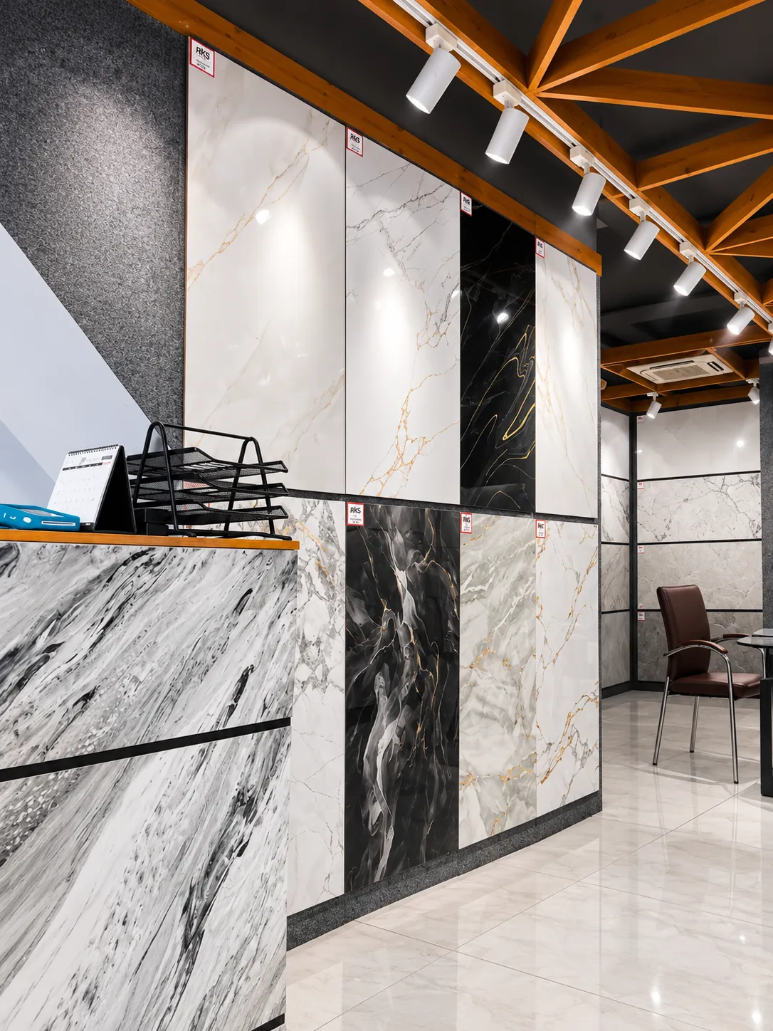 RKS Traders showroom display bays with large format marble look and stone slabs