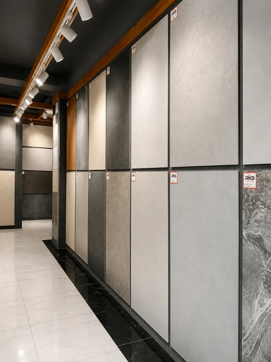 Matt and stone look tile display wall at RKS Traders