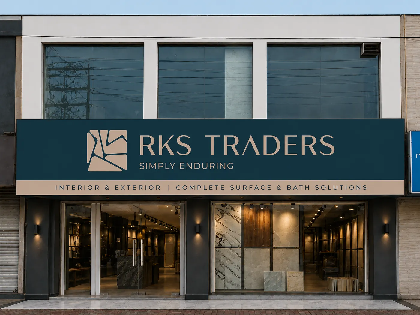 RKS Traders showroom exterior on Wahdat Road, Lahore, with the Simply Enduring signage